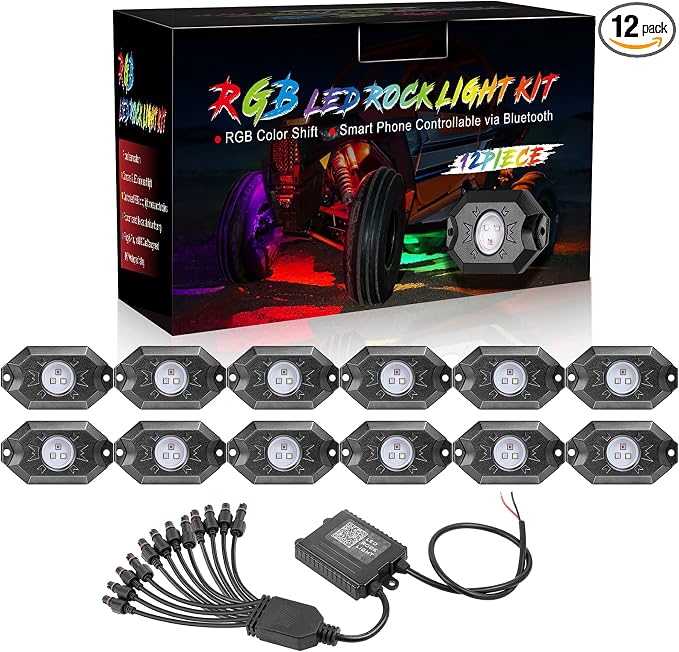 RGB Rock Light Kits, Niking Auto 12 Pods RGB Underglow LED Rock Lights with App Control & Timing & Music Mode & Flashing Multicolor Neon LED Lights for Trucks Off Road UTV ATV Pickup Boat