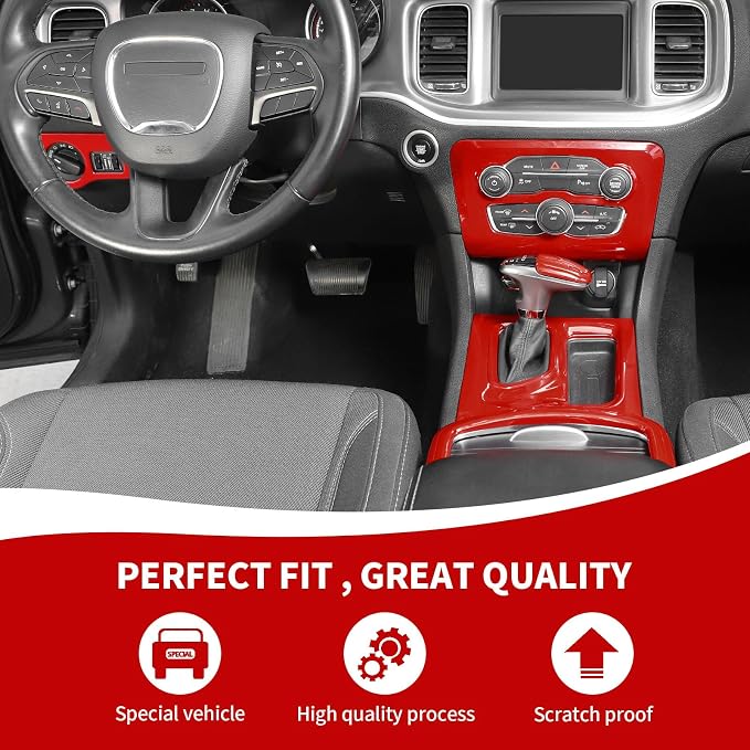 RAZPOY 5PCS Red Interior Trim Kit Compatible with 2015-2023 Dodge Charger Accessories, Gear Shift Cup Holder Cover Headlight Switch Air Conditioning Panel Trim