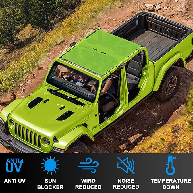 JT Top Sun Shade Roof Compatible with Jeep Gladiator 4 Door 2018 to 2023 Sunshade Sunroof Bikini Cover Blocks UV Wind Noise Green Mesh for Full Length