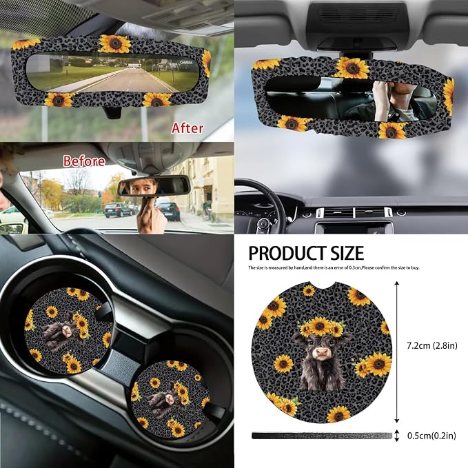 Highland Cattle Print 14Pcs Car Interior Cover Set Sunflower Leopard Print Car Front Rear Seat Covers Steering Wheel Cover Center Console Pad Safety Belt Pads for Men Women