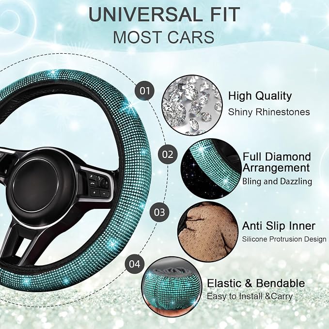 NBTEPEM Bling Car Floor Mats Full Set and Steering Wheel Cover, Universal Fit Most Cars, 4 pcs Sparkle Glitter Diamond Carpet, 5 pcs Bling Car Accessories Set for Women (Aquamarine Diamond)