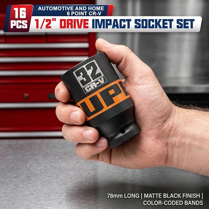 16 Piece 1/2" Drive Impact Socket Set, 10-32 mm Thicker Deep Sockets, Metric Socket Set, 6-Point, Cr-V, Automotive and Home