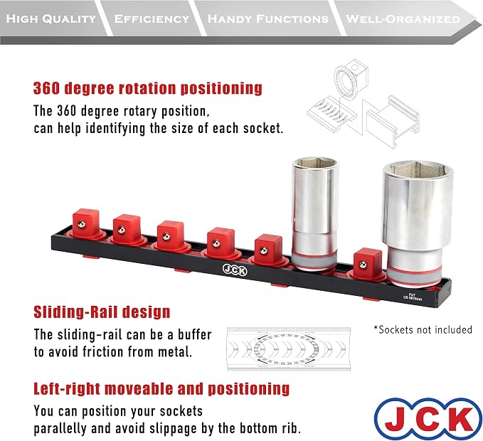 JCK Professional Quality Aluminum Socket Organizer (3/4" Socket) with special designed strip & 360 degree rotary positioning studs Red & Black for Metric/Imperial tool moveable secure socket storage
