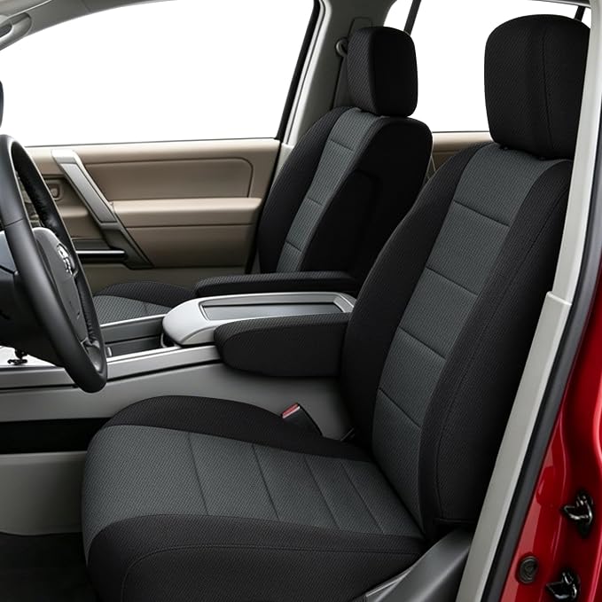 Heavy Duty Composite Fabric Front Seat Covers with Armrest for Nissan Titan 2004-2012 Easy to Clean and Washable - Black