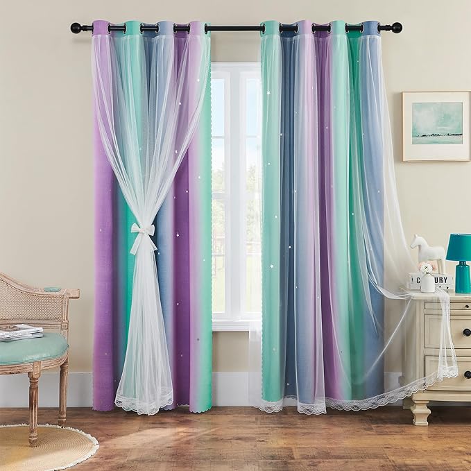 XiDi Purple Grey Green Curtains for Girls Bedroom 84 Inches Long 2 Panels Set, Rainbow Blackout Curtains for Kids Room Decor, Unicorn Wall Decals Drapes for Little Girl Nursery Room 34 Inches Wide