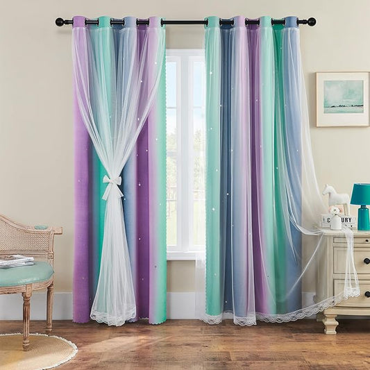 XiDi Purple Grey Green Curtains for Girls Bedroom 96 Inches Long 2 Panels Set, Rainbow Blackout Curtains for Kids Nursery Room Decor, Unicorn Wall Decals Drapes for Living Room 52 Inches Wide