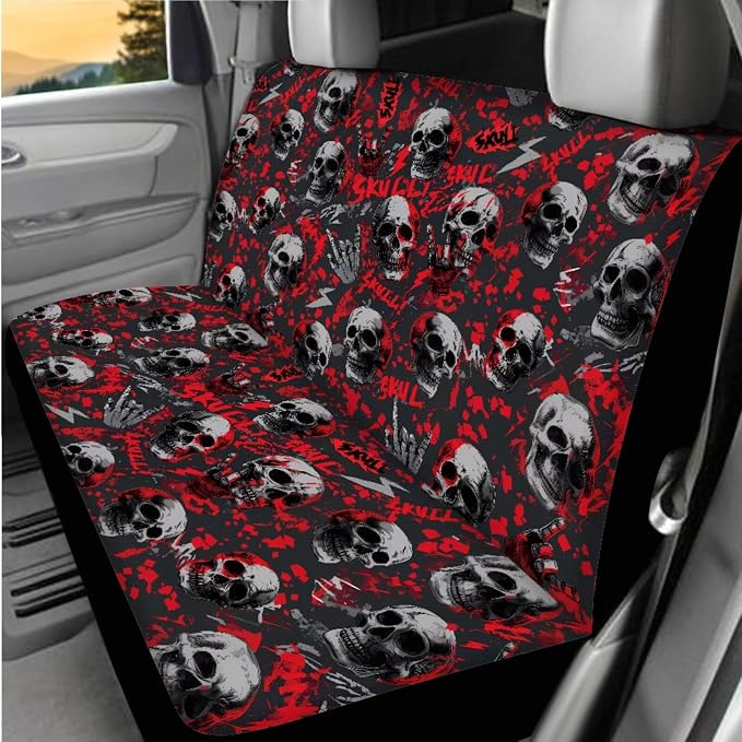 Halloween Skull Print Car Interior Accessories Set of 8, Car Seat Cover Full Set with Steering Wheel Cover, Center Console Pad, Seat Belt Pads, Universal Fit Cars SUVs Trucks