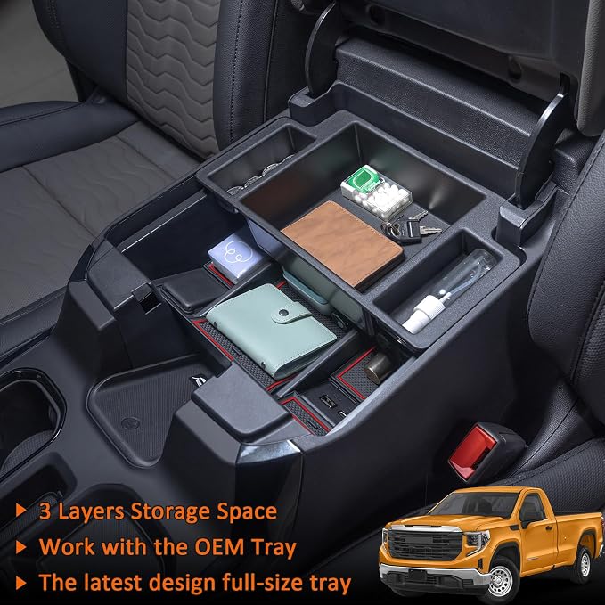 TOPINSTALL 22-26 Red Refreshed Full Tray Compatible with 2022-2026 Silverado/Sierra 1500 and 2024-2026 Chevy Silverado/GMC Sierra 2500HD 3500HD, Armrest Organizer (Full Console w/Bucket Seats ONLY)