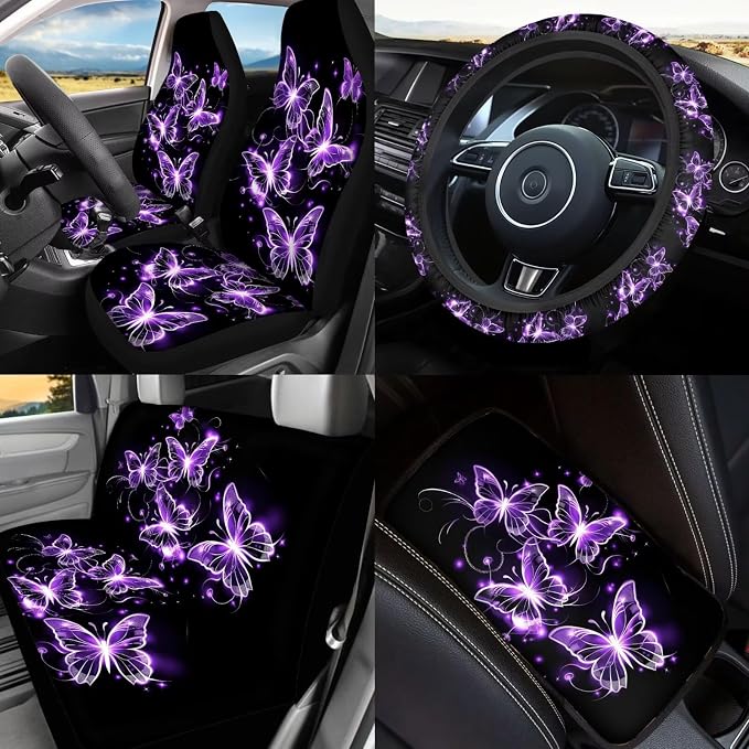 Purple Butterfly Car Seat Covers Full Set for Women Butterflies Car Accessories Set 17 Pieces with Purple Auto Head Rest Covers,Car Trash Can with Lid,Seat Belt Cushion,Universal Fit Most Car