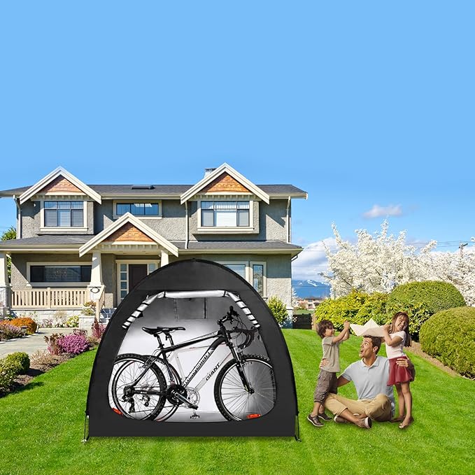 Outdoor Bike Storage Shed Tent, Portable Bicycle Motorcycle Storage Shed with Spare Pole and Rain strip for 2 Bikes, PU4000 Waterproof Silver Coated Oxford Bike Cover, Foldable Bicycle Shelter
