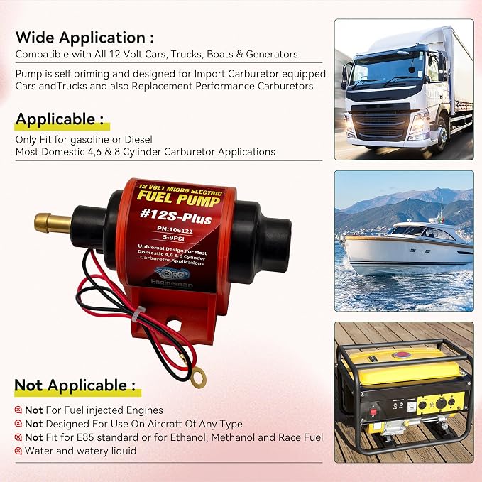 Universal 12 Volt Electric Fuel Pump 5-9 PSI, 35GPH, Super 12S Plus for Gasoline Diesel Engines with 5/16 Inch (8mm) ID Fuel Line Hose 6.56FT