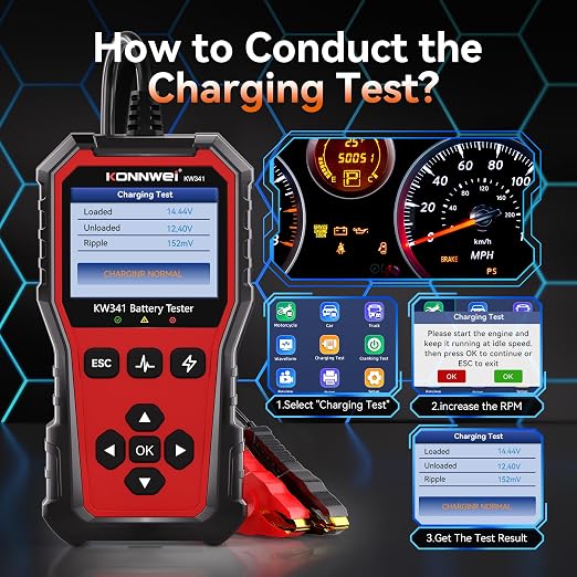 KONNWEI KW341 Car Battery Tester 6V 12V 24V Automotive Battery Load Tester Digital Battery Analyzer for Motorcycle Car Truck, Test SOH SOC CCA Resistance Voltage, Cranking Charging System Print