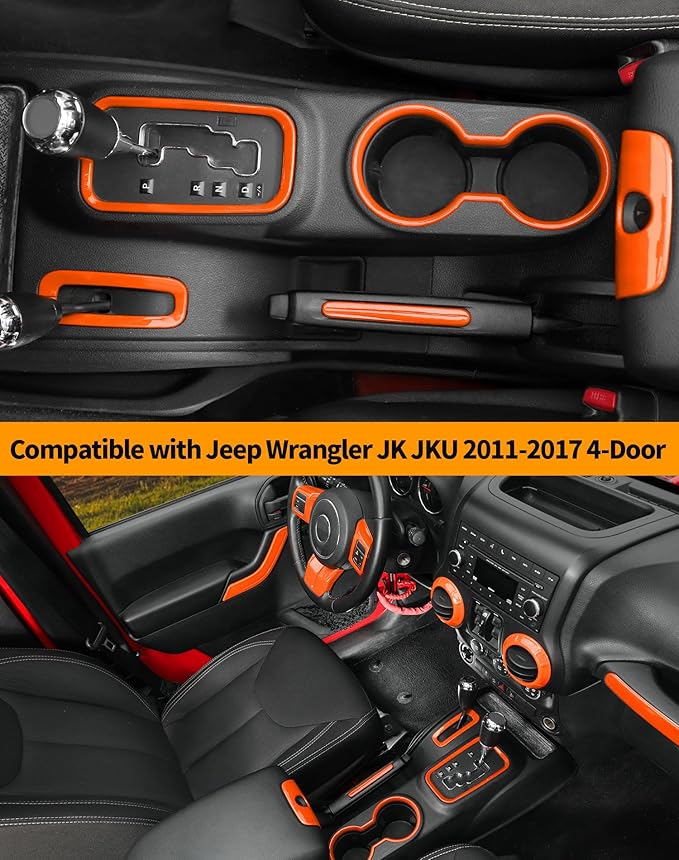 Hoolcar Steering Wheel Cover Gear Shift Panel Trim Cover Water Cup Holder Cover Kit Interior Accessories Kit Fit for Jeep Wrangler JK JKU 2011-2018, 4-Door, Orange