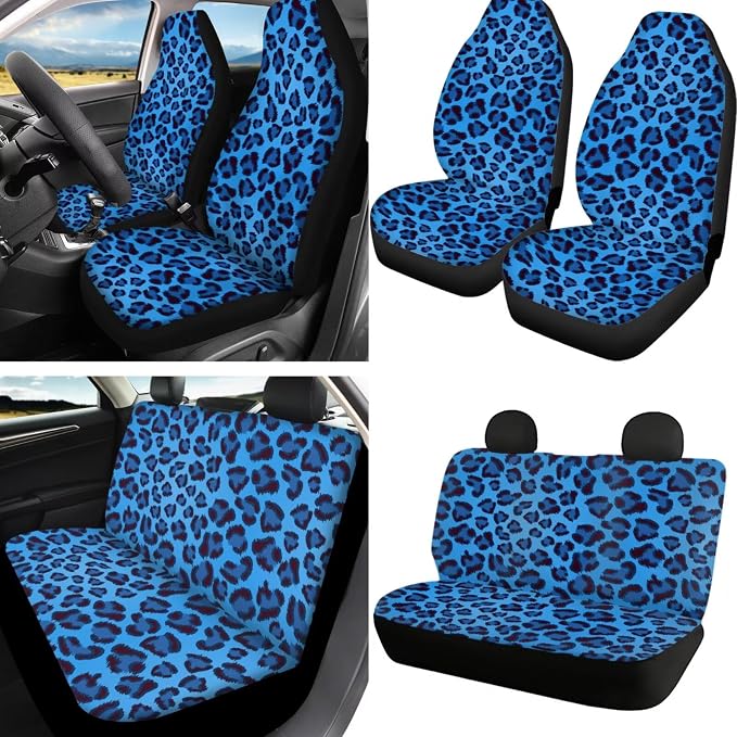 Howilath Blue Leopard Print Car Seat Cover Full Set with Steering Wheel Covers+Seat Belt Cover Pad+Keychains+Cup Coasters Fit Most Vehicle - 13 Piece