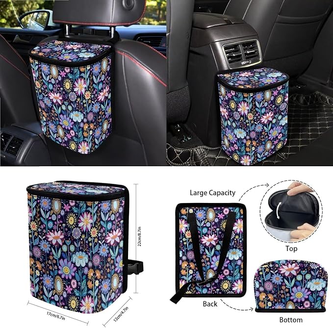 Wanyint Hippie Flower Lotus Car Seat Cover Set 15 PCS, with Steering Wheel Cover Seat Belt Pads Garbage Bag Air Vent Pocket Rearview Mirror Cover Car Coasters Keychain Fit for SUV Trucks Vans Sedans