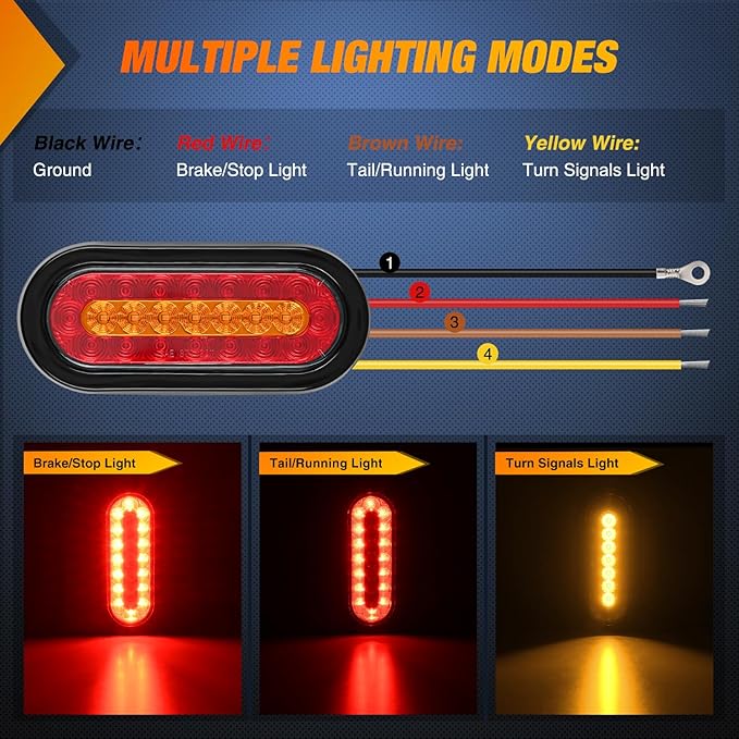 Nilight 6 Inch Oval Trailer Tail Light 2 PCS Red Brake Stop Amber Left Right Turn Signals Lights with Flush Mount Grommets Plugs Mounting Brackets for RV Truck Luggage Rack