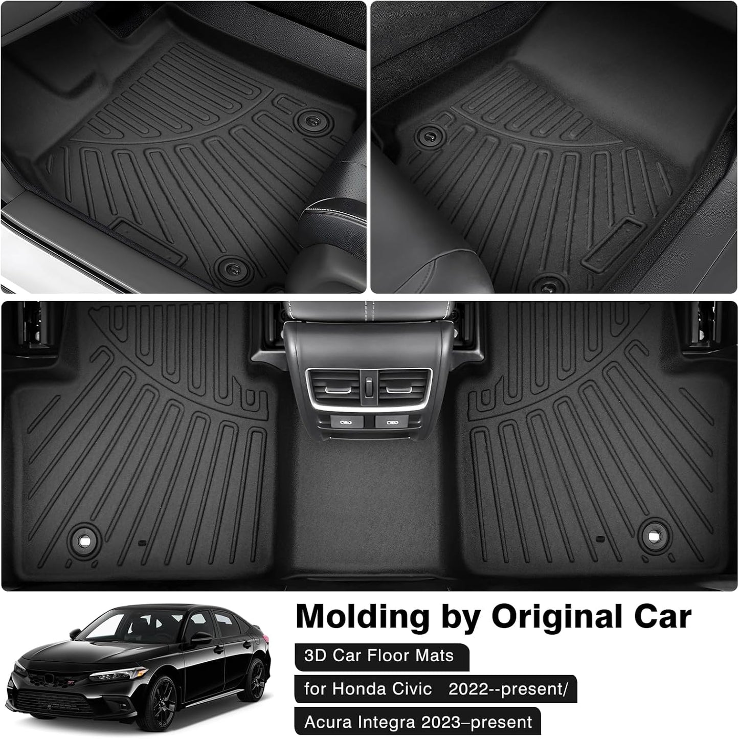 Powerty Floor Mats for 2022-2025 Honda Civic/2023-2025 Acura Integra Accessories All Weather Floor Liner 3D TPE 1st & 2nd Row Floor Mat Heavy-Duty Floor Liners