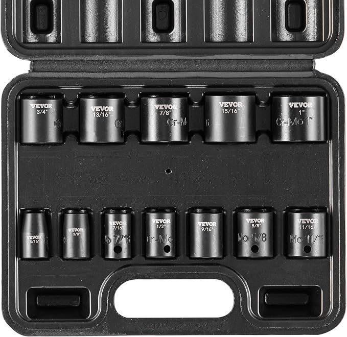 VEVOR 3/8" Drive Impact Socket Set, 12 Piece Shallow Socket Set SAE 5/16"-1", 6 Point Cr-Mo Alloy Steel for Auto Repair, Easy-to-Read Size Markings, Rugged Construction, Includes Storage Case