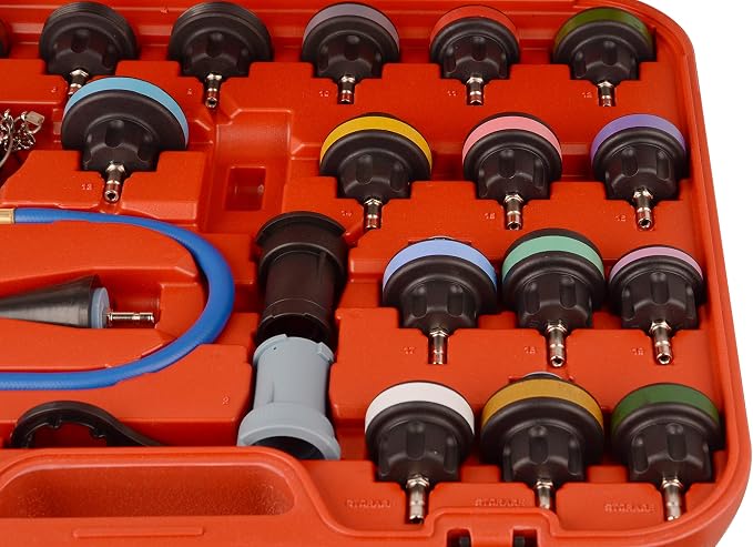 DAYUAN 28Pcs Universal Radiator Pressure Tester Kit Coolant Pressure Tester | Coolant Vacuum Refill Kit，Red Case, for Cooling Systems, 0-35 PSI Test Range，Detects Engine Leaks，Fits Most Vehicles