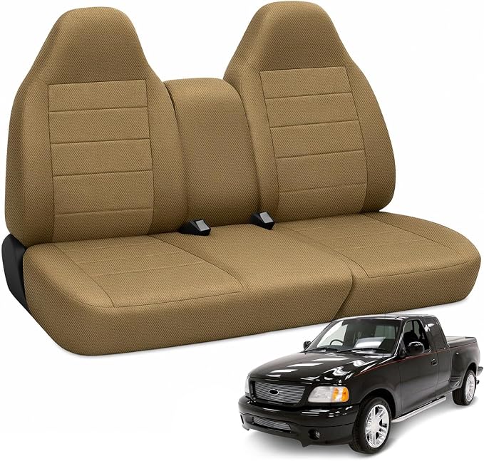 Truck Seat Cover Fit for 1997-2000 Ford F-150, Tan | Front 40/60 Split Bench with Opening Center Console, Not with Airbags Next to The Headrest