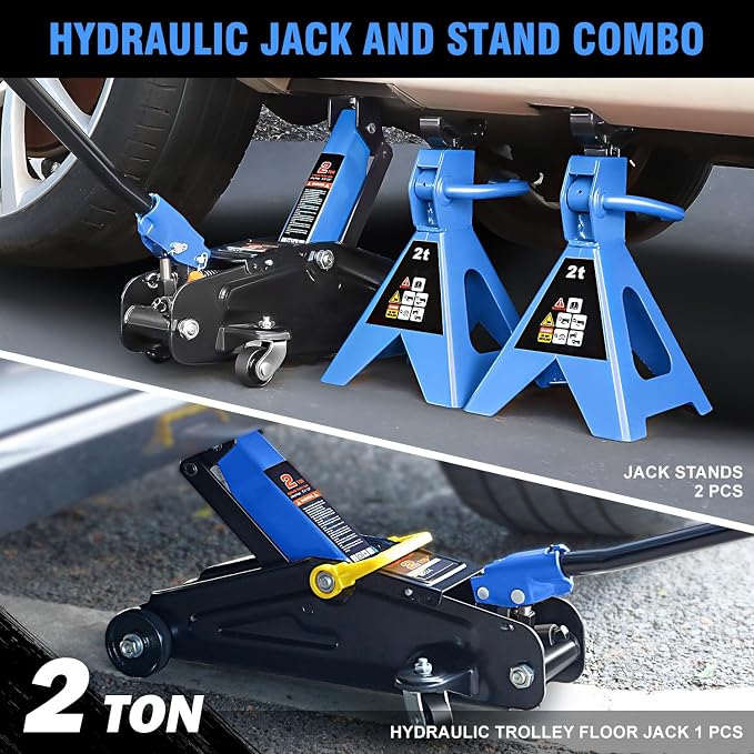PM PERFORMOTOR Low Profile Hydraulic Trolley Service/Floor Jack Combo with 2 Ratchet Jack Stands, 2 Ton (4000 lbs) Capacity, Blue, PM-TOL-FJ3P-BL
