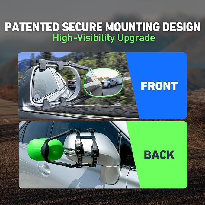 MG91 Dual-Arm Towing Mirrors for Trucks, SUVs, RVs & Trailers | Fluorescent Green finish with two securing straps and a rubber strap to help reduce vibration and keep mirrors steady.