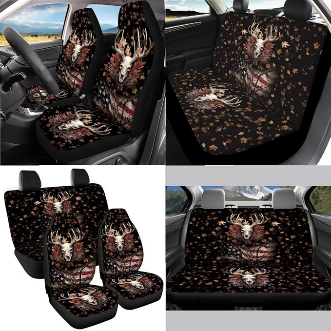 Deer American Flag Maple Leaf Pattern 13 Pieces Car Accessories Set, Non Slip Car Front and Rear Seat Cover Pack of 4, 1 PCS Steering Wheel Cover, 4 PCS Seat Belt Cover Pad，4 PCS Cup Coasters