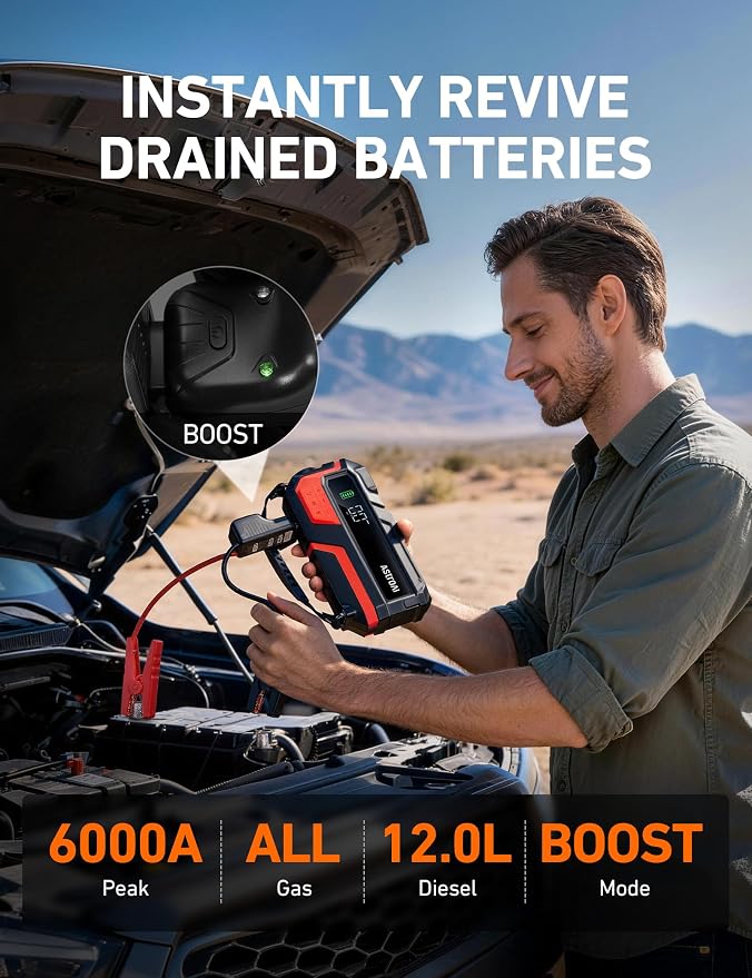 AstroAI Jump Starter with Air Compressor, Car Battery Jump Starter Portable with 150PSI Cordless Auto-Shutoff Tire Inflator, 12V Battery Charger Booster(Dark Red)