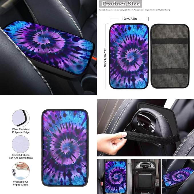 Howilath Purple Swirl Tie Dye Car Front Seat Cover with Center Console Cover+Steering Wheel Cover+Seatbelt Pads+Keychain+Coasters Set of 10 Auto Accessories