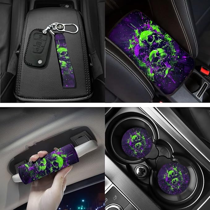 Halloween Ink Skull Car Interior Accessories Set of 18, Car Seat Covers Full Set with Auto Steering Wheel Cover Floor Mats Seat Belt Pads Armrest Pad Handle Wraps Keychains Cup Coasters