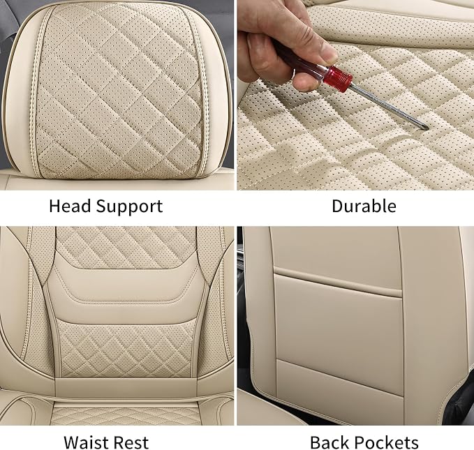Car Seat Covers Full Set, Beige Leather Seat Covers, Breathable Front and Back Car Seat Protectors, Wear-Resistant Seat Covers Universal Fit for Most Cars SUV Truck (Beige-Diamonds,Full Set)