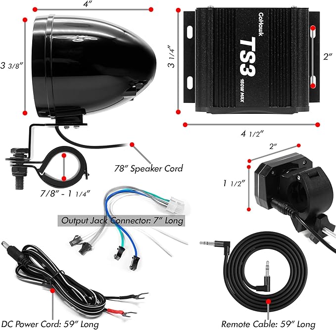 GoHawk Motorcycle Speakers Bluetooth, Waterproof Speakers and Amplifier Audio Sound System, Weatherproof, FM Radio, Volume Control, ATV UTV w/AUX in, USB, Micro SD