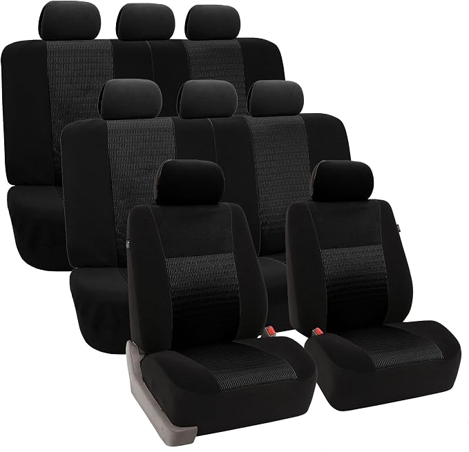 FH Group Car Seat Covers Trendy Elegance 3D Air Mesh Car Accessories, Airbag Compatible and Split Ready Black Three Row Set 8 Headrest Covers Universal Fit Interior Accessories for Cars Trucks SUV