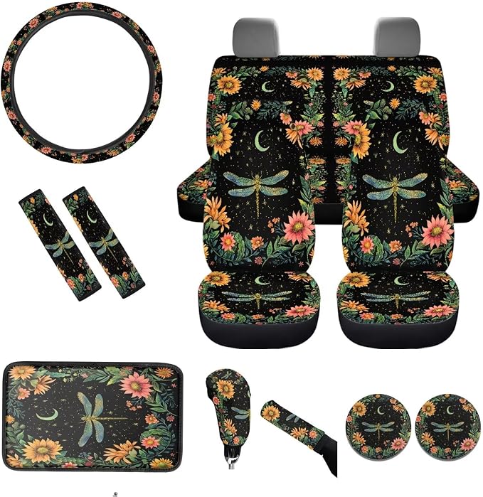 BIGCARJOB Flower Dragonfly Car Seat Cover Full Set of 12 Pcs Car Interior Accessories Set,Moon Dragonfly Steering Wheel Covers,Universal Seat Belt Pads,Armrest Cover,Cup Holder