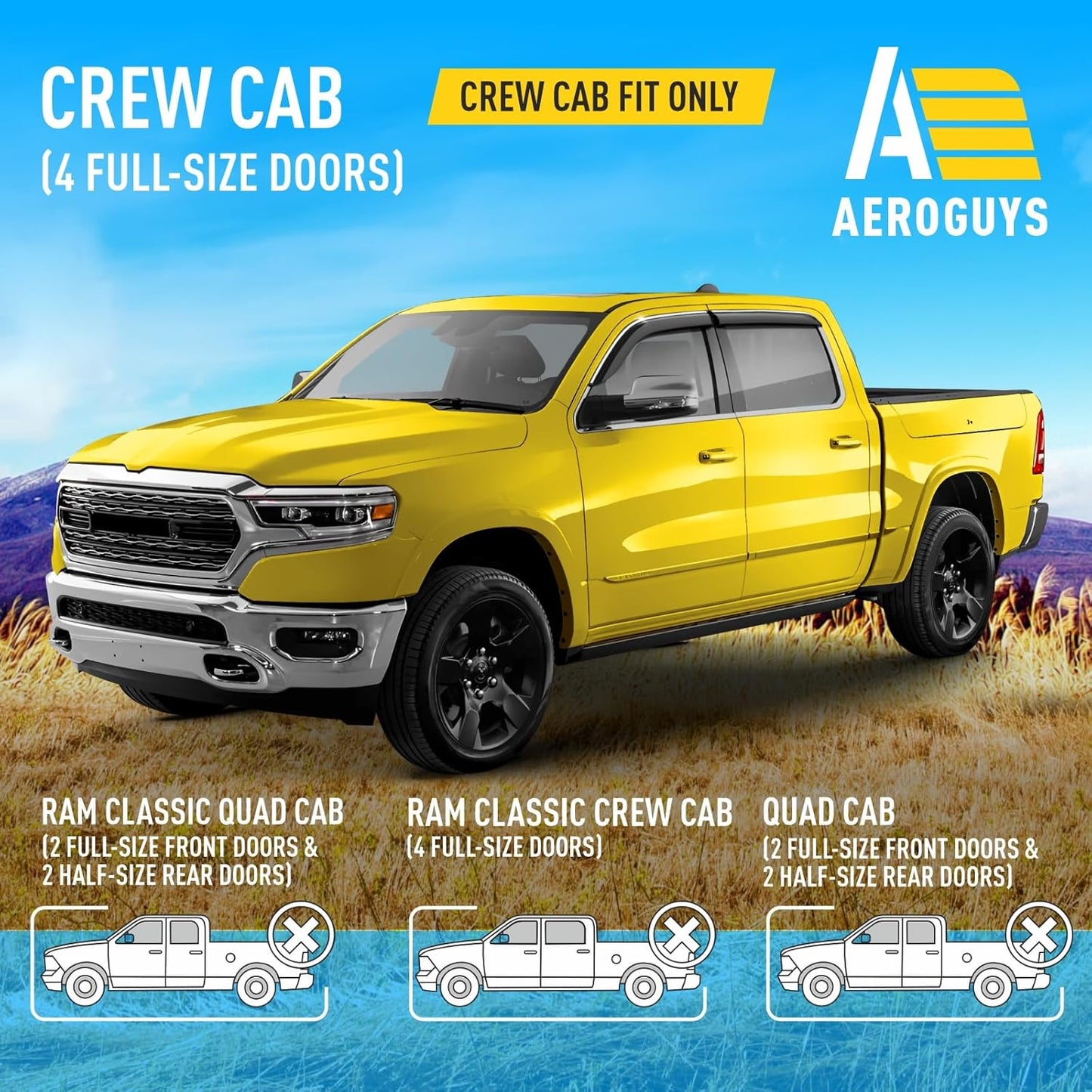 Extra Durable Window Deflectors Chrome Trim Tape-On Window Visors Rain Guards Fit for Dodge Ram 1500 2019-2025 Crew Cab, Sun Visors, Wind Vent for Shades, Exterior Car Accessories - 4pcs. AG0178