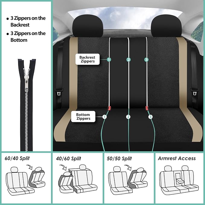 FH Group Car Seat Covers Universal Fit Full Set Interior Accessories, Sports Beige Seat Covers with Airbag and Split Rear Automotive Combo Vinyl Floor Mats Seat Covers for Cars Vans Trucks and SUV