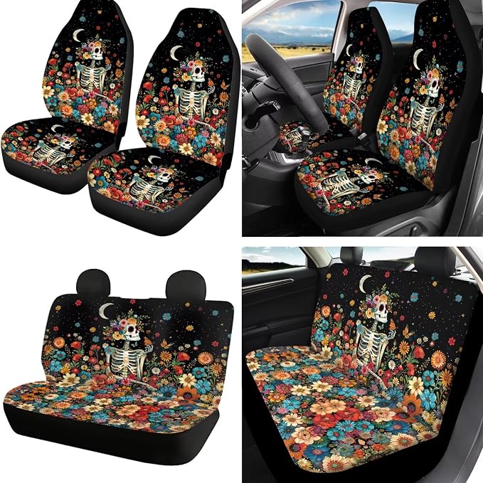 Skeleton Print Automotive Seat Covers Full Set Hippie Flower Print Front and Rear Split Bench Seat Cover Headrest Covers Steering Wheel Cover Safety Belt Pad Armrest Cushion