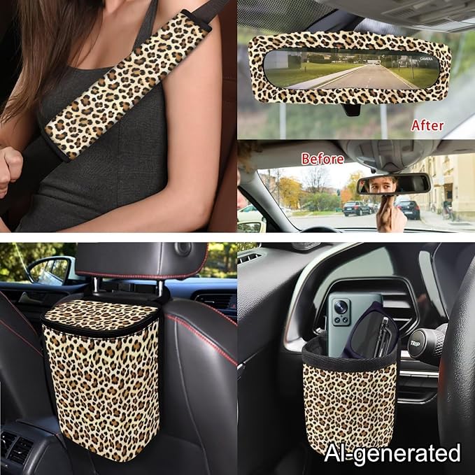 Dreaweet Leopard Print Seat Covers for Cars Front and Back,15 Pcs Cheetah Car Accessories,Leopard Steering Wheel Cover Seat Belt Pads Coasters Trash Can Vent Storage Bag Rearview Mirror Cover Keychain