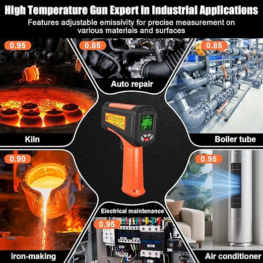 50:1-58°F ~3272°F FKM Infrared Thermometer High Temperature Gun,Non Contact Digital IR Temp Gun,High Precision Laser Thermometer Gun for Cooking,Kilns,Forges,Engine,HVAC,Industrial and Home Repair