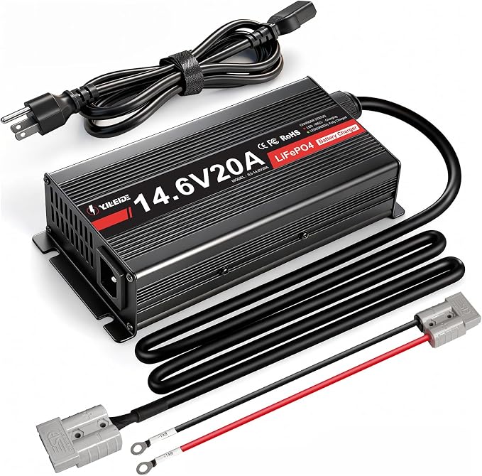 12V 20A Lithium Battery Charger 14.6V LiFePO4 Battery Charger with Anderson Connector for Deep Cycle Batteries of RV, Boat, Off-Grid and Solar Systems