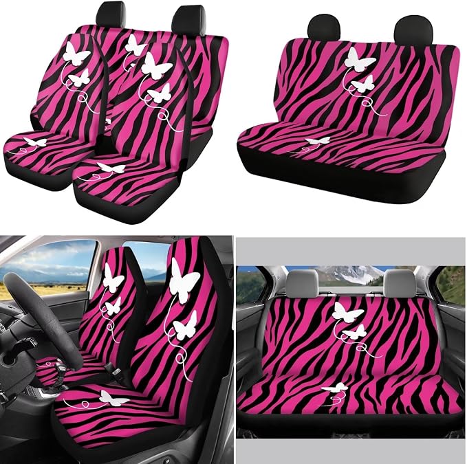POLERO Butterfly on Zebra Car Seat Covers for Women Pink Car Accessories 11pcs Cute Steering Wheel Cover Set with Seatbelt Protector Pads