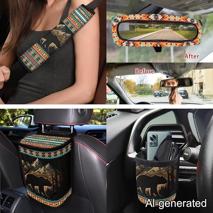 Dreaweet Mountain Bear Aztec Seat Covers for Cars Full Set 15 Pcs Universal Tribal Steering Wheel Cover Seat Belt Pads Car Coasters Trash Bag Air Vent Storage Pouch Rear View Mirror Cover Keychain
