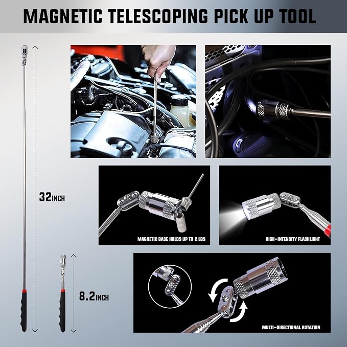 WORKKOOL 26PCS Car Tool Kit with Stainless Steel Assorted 5th Wheel Pin Puller,68 inches Long Distance Puller Hook, Air Wedge and Magnetic Pickup Tool with Flashlight