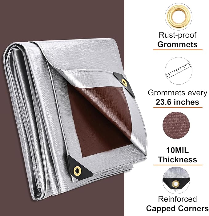Tarp 8x10 Feet, 10 Mil Waterproof Tarps Heavy Duty with Grommets Every 23.6", Thick Plastic Tarp, UV Resistant Tear&Fade Resistant, Reinforced Edges for Outdoor Pool Camp Tent