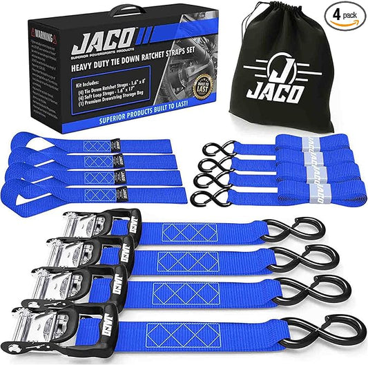JACO Heavy Duty Ratchet Straps - 1.6 inch x 8 ft (Pack of 4) | Tie Down Kit with Soft Loops - 5,208 lbs (Blue)