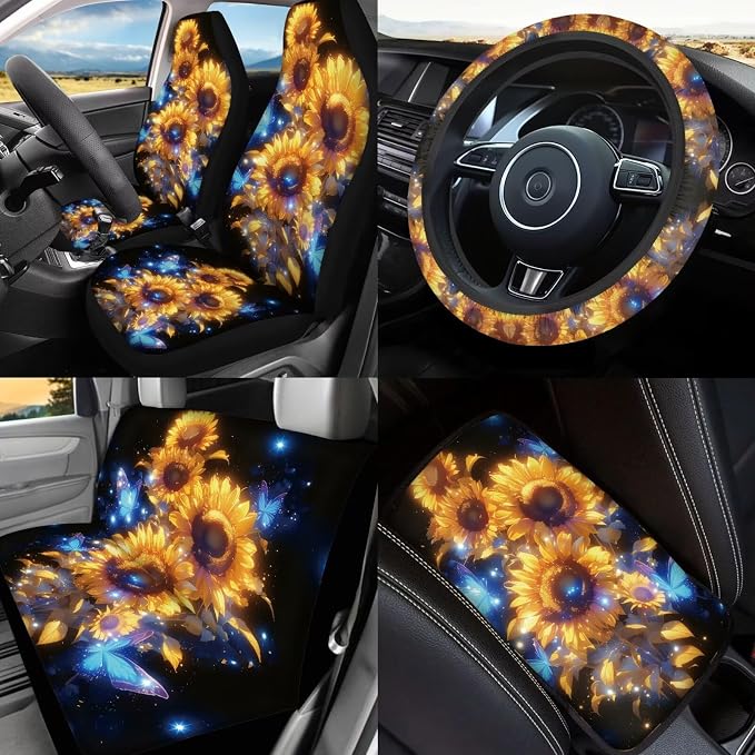 Sunflowers Car Seat Covers Full Set for Women,17 Pack Neon Sunflowers Car Aaccessories with Butterfly Vehicle Trash Bag Headrest Covers Steering Wheel Cover,Universal Fit Most Car