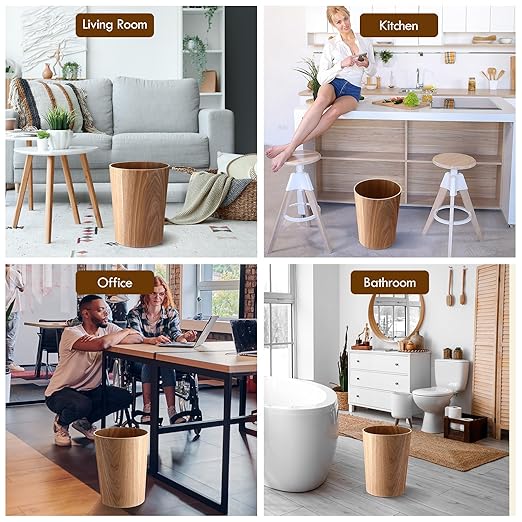 Threehoney 2 Pack 2.3 Gallons Wood Trash Can Wastebasket Natural Wood Round Wastebasket Small Trash Bin for Home, Office Under Desk, Kitchen, Bedroom, Den, Hotel, Room (Willow)