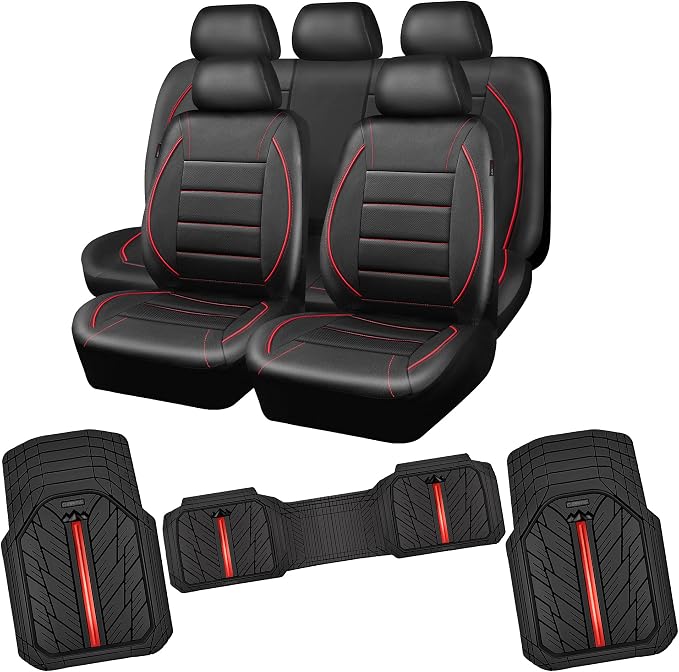 CAR PASS Universal FIT Piping Leather Car Seat Cover, for suvs,Van,Trucks,Rubber Floor Mats for Cars, Car Mats Full Sets