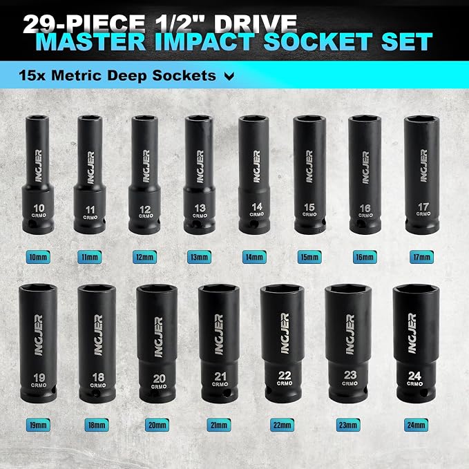 1/2" 29PCS Impact Socket Set, Upgrade CR-MO 6 Point Socket Set,SAE (3/8"-1") & Metric (10-24mm), Standard & Deep Sockets with Extension Bars, High Torque, Ideal for Truck Bearing Locknut.