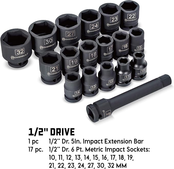 Powerbuilt 18 Piece Metric Impact Socket Set, 1/2 Inch Drive, 5 Inch Extension Bar, Size Markings, Z-Drive Sockets Grip, Storage Case - 940838